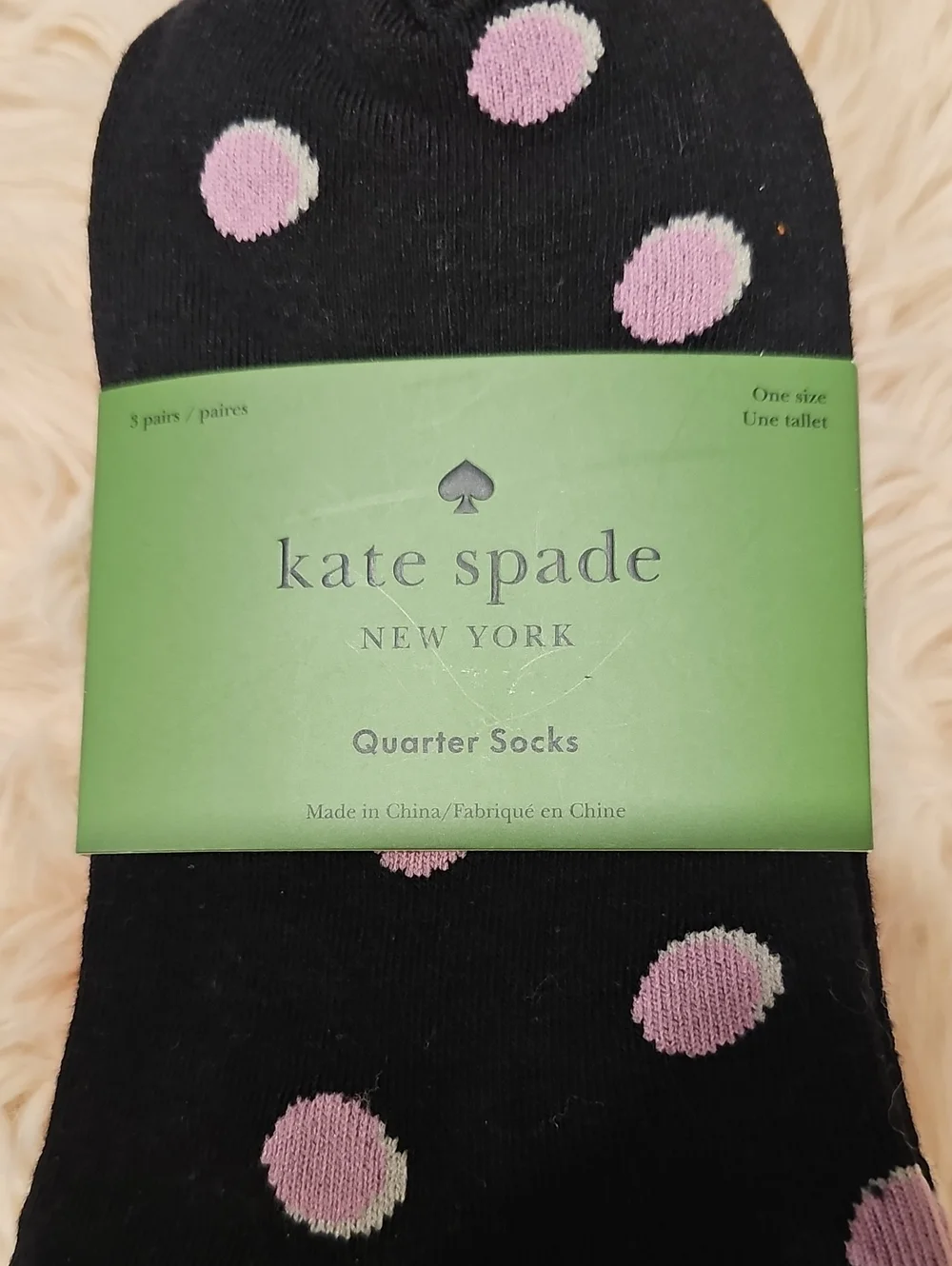 Kate spade 3 Pair Quarter socks  pink polka Dot, solid pink & Beige W Spade NWT